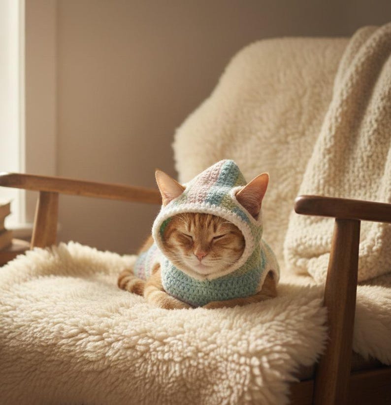 May include: An orange tabby cat wearing a pastel-colored crochet hoodie with ear flaps, resting on a fluffy, cream-colored cushion. The cat is sitting on a wooden chair with a cream-colored blanket draped over the back.