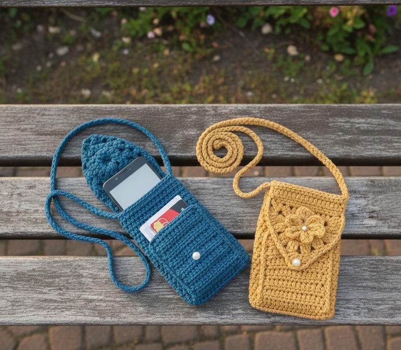 K&ouml;nnte beinhalten: Zwei handgefertigte geh&auml;kelte Umh&auml;ngetaschen. Eine ist blau und enth&auml;lt ein Tablet und eine Karte. Die andere ist senfgelb, mit einem Blumendesign und einem Perlenakzent. Beide haben lange Riemen und werden auf einer Holzbank ausgestellt.