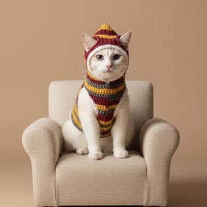 May include: A white cat wearing a striped crochet hat and sweater, sitting on a small beige armchair. The hat and sweater feature stripes of burgundy, yellow, and gray. The cat has blue eyes and is looking directly at the camera.