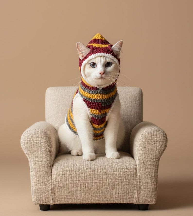May include: A white cat wearing a striped crochet hat and sweater, sitting on a small beige armchair. The hat and sweater feature stripes of burgundy, yellow, and gray. The cat has blue eyes and is looking directly at the camera.