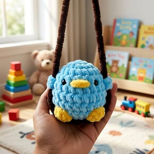 Op de afbeelding: Een handgemaakte blauwe gehaakte vogelvormige tas met een gele snavel en poten en zwarte ogen. De tas heeft bruine bandjes. De vogel wordt in een hand gehouden, met een vage achtergrond van speelgoed en boeken.