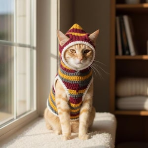 May include: A ginger cat wearing a striped crochet outfit, including a hood and vest. The stripes are burgundy, yellow, grey and white. The cat is sitting on a white, fluffy surface near a window, with a bookcase in the background.
