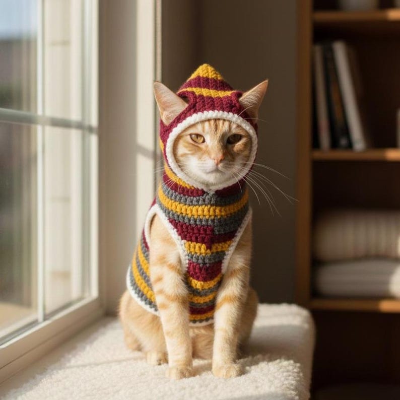 May include: An orange tabby cat wearing a handmade crochet sweater and hood. The sweater and hood feature horizontal stripes in burgundy, yellow, gray, and white. The cat is sitting on a white, fluffy surface near a window.