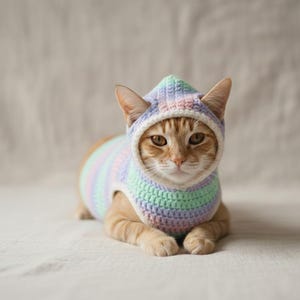 May include: An orange tabby cat wearing a pastel-striped crochet hoodie and sweater. The hoodie features a light blue, pink, and purple color scheme, with a white trim around the face. The cat is lying down, looking directly at the camera.