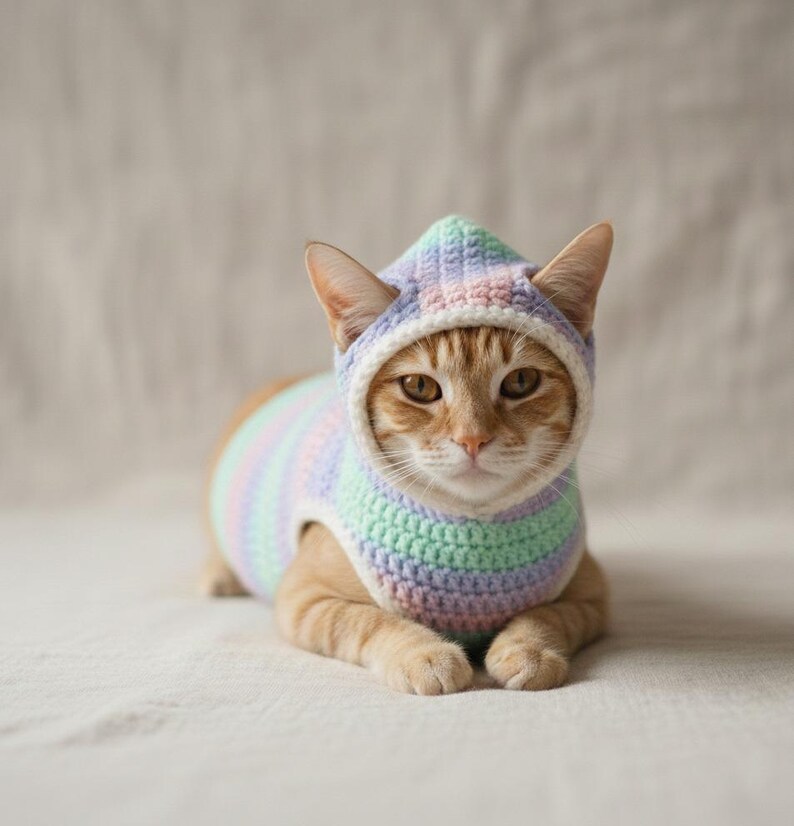 May include: An orange tabby cat wearing a pastel-striped crochet hoodie and sweater. The hoodie features a light blue, pink, and purple color scheme, with a white trim around the face. The cat is lying down, looking directly at the camera.