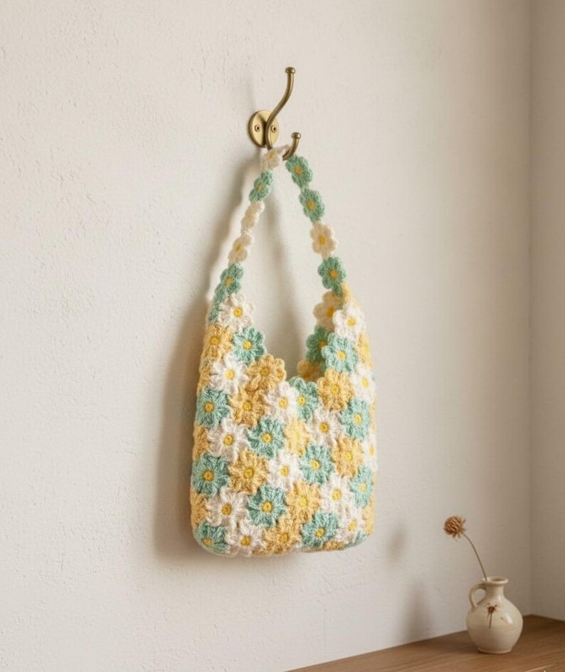 May include: A handmade crochet bag with a daisy pattern in yellow, white, and light blue. The bag is hanging on a brass hook against a white wall. The strap is made of daisy-shaped crochet flowers.