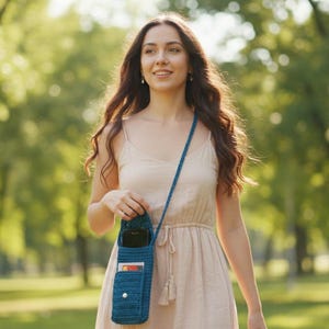 K&ouml;nnte beinhalten: Eine handgeh&auml;kelte Handy-Umh&auml;ngetasche in T&uuml;rkisblau mit langem Riemen. Die Tasche hat eine Tasche f&uuml;r ein Telefon und eine kleinere Tasche f&uuml;r Karten. Die Tasche wird &uuml;ber der Schulter getragen.