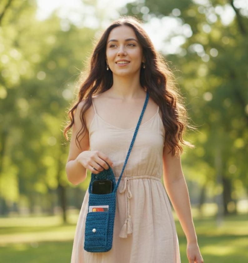 K&ouml;nnte beinhalten: Eine handgeh&auml;kelte Handy-Umh&auml;ngetasche in T&uuml;rkisblau mit langem Riemen. Die Tasche hat eine Tasche f&uuml;r ein Telefon und eine kleinere Tasche f&uuml;r Karten. Die Tasche wird &uuml;ber der Schulter getragen.