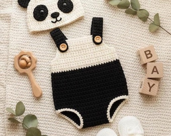Modello all'uncinetto per tutina e cappello per neonati / Design simpatico panda / Vestito fai da te per neonati in formato PDF