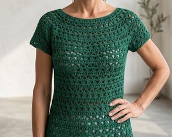 Crochet Blouse Pattern PDF | Seamless Top-Down Summer Shirt Pattern | Easy Geometric Lace Mesh Top Tutorial with Video Guide