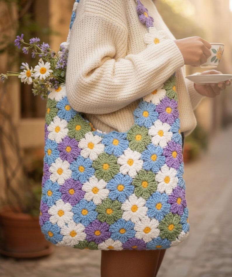 May include: A crocheted tote bag featuring a daisy pattern in white, blue, green, and purple. The bag has a shoulder strap and is filled with flowers. The bag is a vibrant accessory.