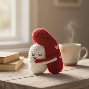 Puede incluir: Dos figuras de ganchillo, una roja y otra blanca, abrazándose. La figura roja tiene corazones rosas y una cara sonriente. Una taza de té y libros están en el fondo, creando una escena acogedora.