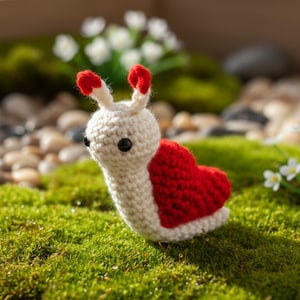 May include: A handmade crochet snail with a cream-colored body and a red heart-shaped shell. The snail has black eyes and red-tipped antennae. It is set against a backdrop of green moss and small white flowers.