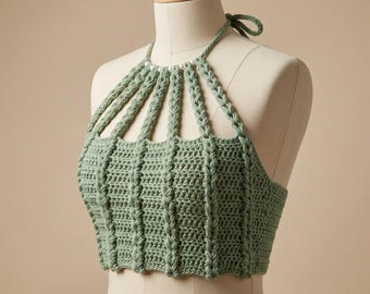 Crochet Summer Top Pattern | Sage Green Halter Crop Top Pattern | Boho Festival Top Pattern PDF | Crochet Top Pattern with Video Guide