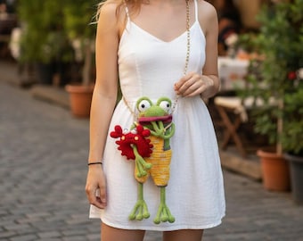 Schema per borsa a forma di rana all'uncinetto / Borsa a forma di rana all'uncinetto in amigurumi / Schema per porta cellulare in amigurumi in PDF e guida video / Divertente marsupio a forma di animale all'uncinetto in PDF