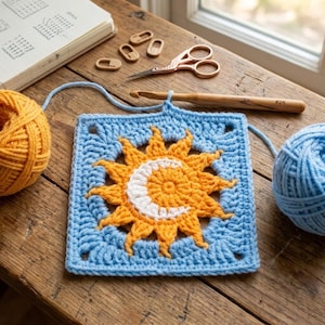 Patrón de ganchillo cuadrado de la abuela con diseño de sol y luna / Patrón de ganchillo cuadrado celestial para principiantes en PDF / Patrón de ganchillo de sol y luna con guía en vídeo