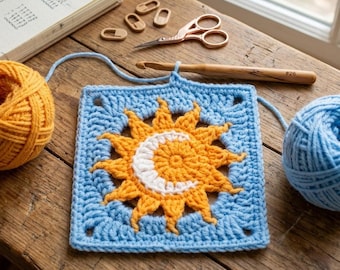 Virkmönster för mormorsrutor med sol och måne | Nybörjarmönster för himmelsk mormorsruta i PDF-format | Virkmönster för sol och måne med videoguide