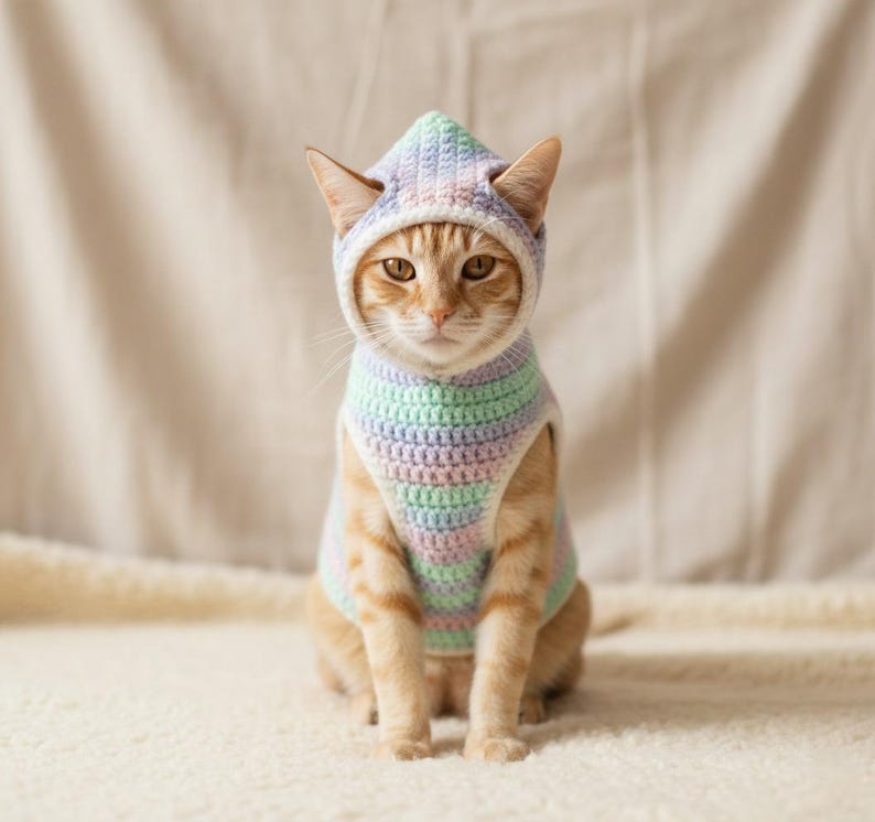 May include: A ginger cat wearing a handmade crochet hoodie and vest. The cat's outfit features pastel stripes of blue, green, pink, and purple. The cat is sitting on a white, fluffy surface, with a neutral background.