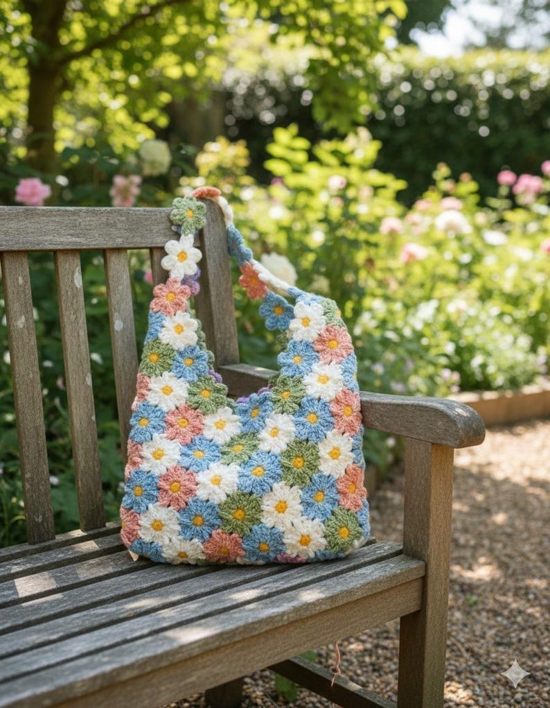 May include: A handmade crochet tote bag featuring a daisy pattern in white, blue, pink, green, and yellow. The bag is sitting on a wooden bench in a garden setting. The strap is also adorned with crochet daisies.