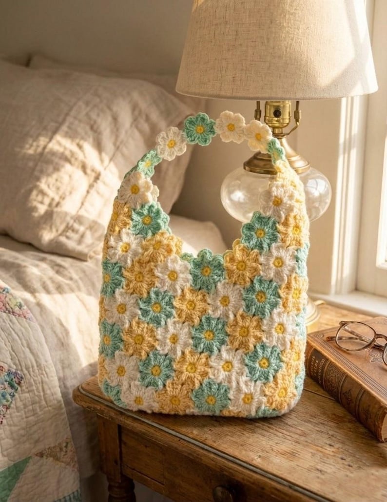 May include: A handmade crochet bag featuring a floral pattern in yellow, white, and light blue. The bag has a rounded shape with a handle adorned with daisy-like flowers. It sits on a wooden nightstand next to a lamp and a book.