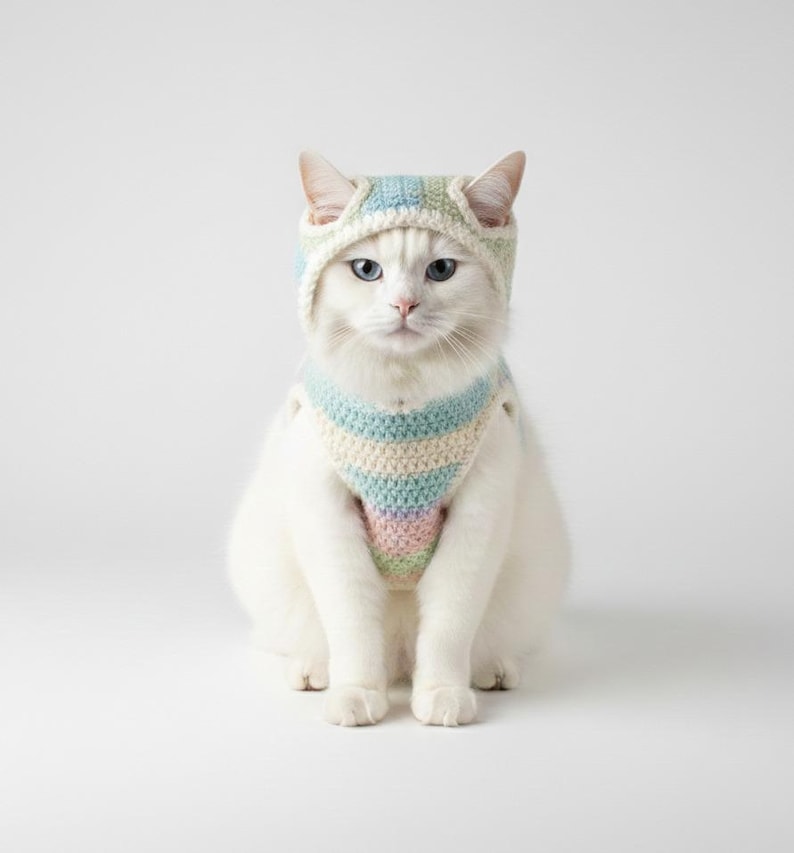 May include: A white cat wearing a pastel-colored crocheted hat and harness. The hat has ear cutouts, and the harness is striped with blue, green, pink, and cream. The cat is sitting and looking directly at the camera against a white background.
