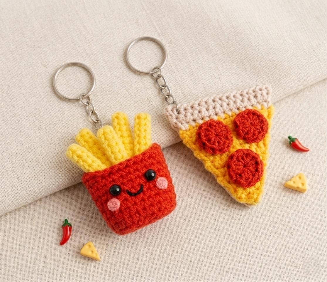 Crochet French Fries Pizza Keychain Pattern 2-in-1