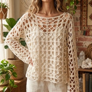 Patrón de suéter de encaje de malla de crochet / Jersey de encaje circular extragrande / Suéter ligero de crochet con guía en PDF y video / Patrón de top de verano