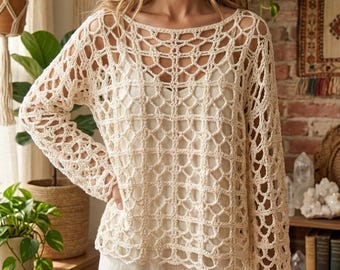 Modello per maglione in pizzo a rete all'uncinetto / Pullover oversize in pizzo a cerchio / Guida PDF e video per maglione leggero all'uncinetto / Modello per top estivo