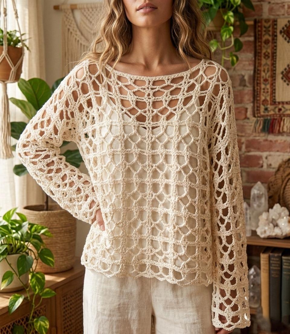 40 Beautiful Circle Crochet Patterns To Make For Your Home 32 Crochet Mesh Lace Sweater Pattern Oversized Circle Lace
