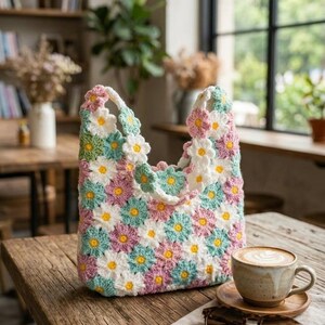 May include: A handmade crochet tote bag with a daisy flower pattern in pastel colors. The bag features white, pink, blue, and yellow flowers. The bag is sitting on a wooden table next to a cup of coffee and sunglasses.