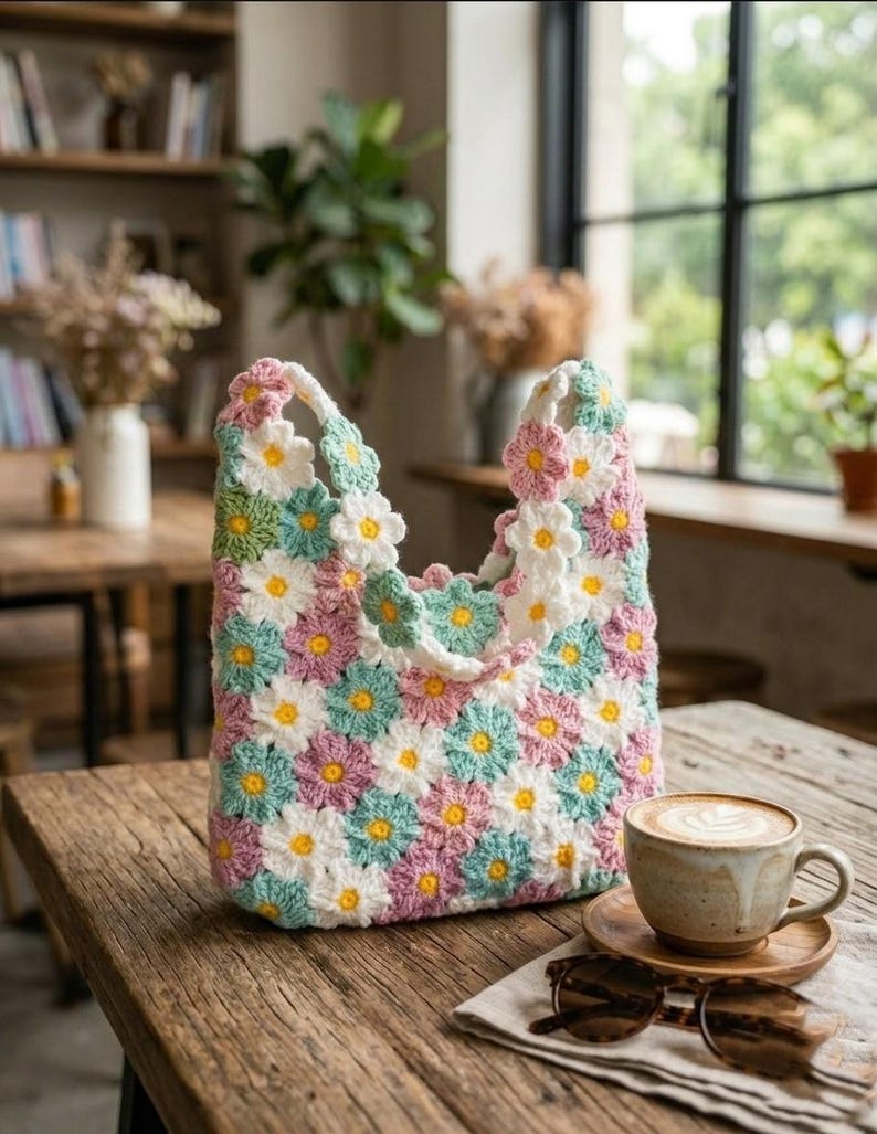May include: A handmade crochet tote bag with a daisy flower pattern in pastel colors. The bag features white, pink, blue, and yellow flowers. The bag is sitting on a wooden table next to a cup of coffee and sunglasses.