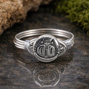 Wide Eyed Cat Face Ring: Sterling Silver or Gold Filled Wire Wrapped Pewter Bead - Custom Size