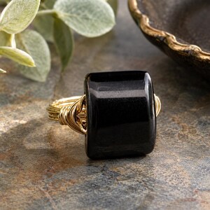 Rainbow Obsidian Ring: Sterling Silver or Gold Filled Black Rectangular Gemstone - Custom Size