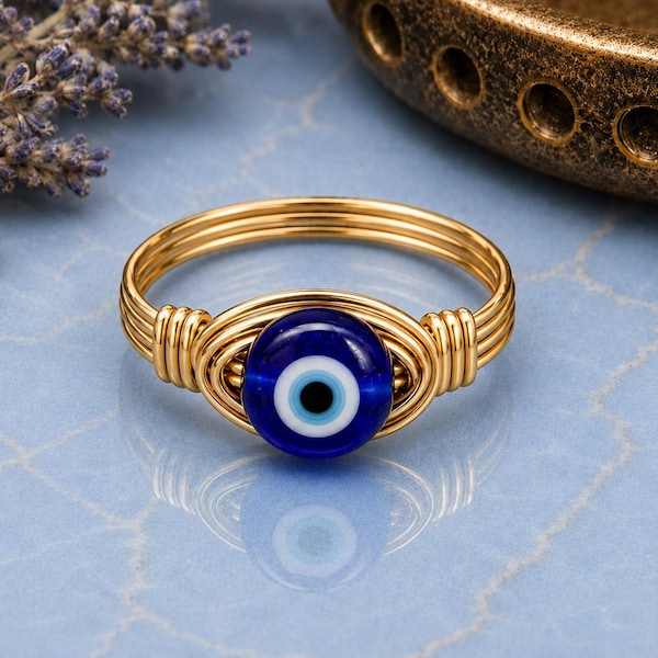 Anillo del Ojo Turco Azul: Cuenta de vidrio envuelta en alambre de plata de ley o chapada en oro - Tamaño personalizado