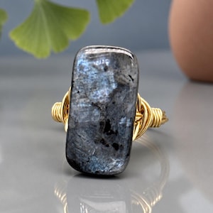 Larvikite Ring: Sterling Silver or Gold Filled Wire Wrapped Rectangular Gemstone - Custom Size