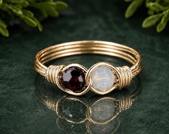 Two Birthstones Personalized Infinity Ring: Sterling Silver or Gold Filled Wire Wrapped Swarovski Crystals - Custom Size