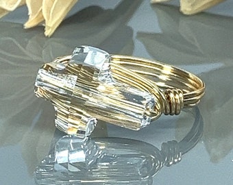 Clear Cross Ring- Swarovski Crystal Sterling Silver, Yellow or Rose Gold Filled Wire Wrapped- Size 4 5 6 7 8 9 10 11 12 13 14