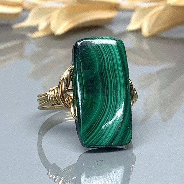 Malachite Statement Ring-Sterling Silver, 14k Yellow or Rose Gold Filled Wire Wrapped Ring - Any Size 4-14