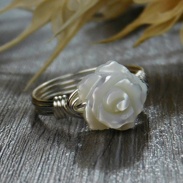 Tiny White Mother of Pearl Rose Wrap Ring-Sterling Silver, 14k Yellow/ Rose Gold Filled Wire/Carved Flower-Custom Size (full, .25, .5, .75)