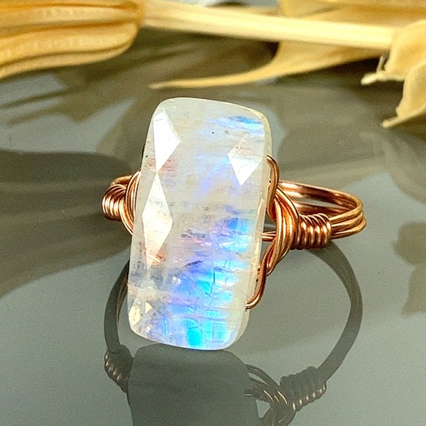 Faceted Rainbow Moonstone Statement Ring-Sterling Silver, 14k Yellow or Rose Gold Filled Wire Wrapped Ring- Handmade to Size (Full, .5, .75)