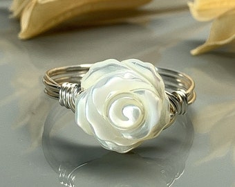 White Mother of Pearl Rose Ring in Sterling Silver or 14k Gold Filled Wire Band - Handcrafted - Custom Size Options