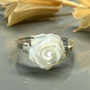 White Mother of Pearl Rose Wrapped Ring -Sterling Silver, 14k Yellow or Rose Gold Filled Wire/Carved Flower-Custom Size (full, .25, .5, .75)