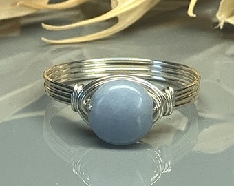 Angelite Wire Wrapped Ring - Sterling Silver or Gold Filled - Smooth Round Gemstone - Choose Size 4-14