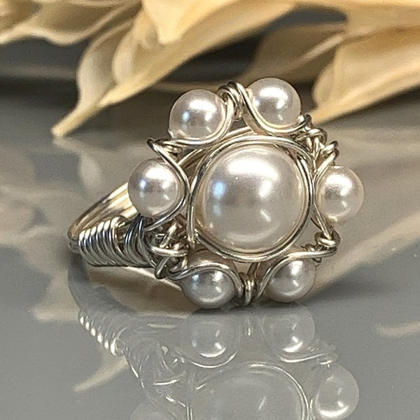 Swarovski Pearl Flower Cluster Ring - White Crystal Pearls and Sterling Silver, Yellow or Rose Gold Filled Wire Wrapped Ring -Custom Size