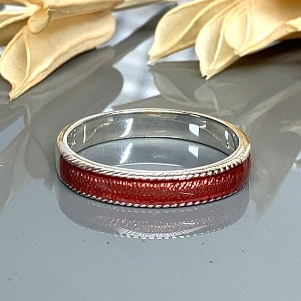 Reddish/Copper Color Enamel and Sterling Silver Ring - Stacking/Stackable Ring - Size 8 - 2.75g