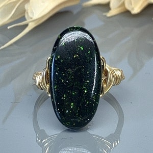 Green Goldstone Oval Statement Ring-Sterling Silver, 14k Yellow or Rose Gold Filled Wire Wrapped Ring-Custom Size (full, .25, .5, .75)