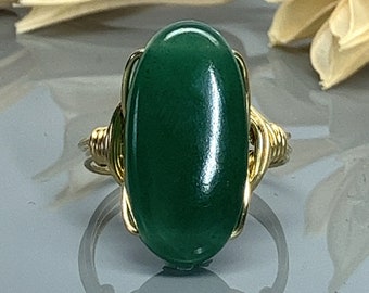 Green Jade Oval  Statement Ring-Sterling Silver, 14k Yellow or Rose Gold Filled Wire Wrapped Ring -Custom Size (full, .25, .5, .75)