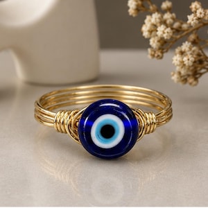 Evil Eye Ring: Sterling Silver or Gold Filled Wire Wrapped Glass Bead- Custom Size