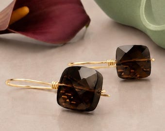 Smoky Quartz Earrings: Sterling Silver, Yellow or Rose Gold Filled Wire Wrapped Dangles- Square Faceted Gemstones