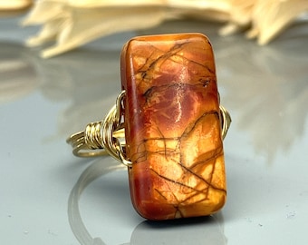 Red, Orange, Yellow Picasso Jasper Statement Ring-Sterling Silver, 14k Yellow or Rose Gold Filled Wire Wrapped Ring - Any Size 4-14